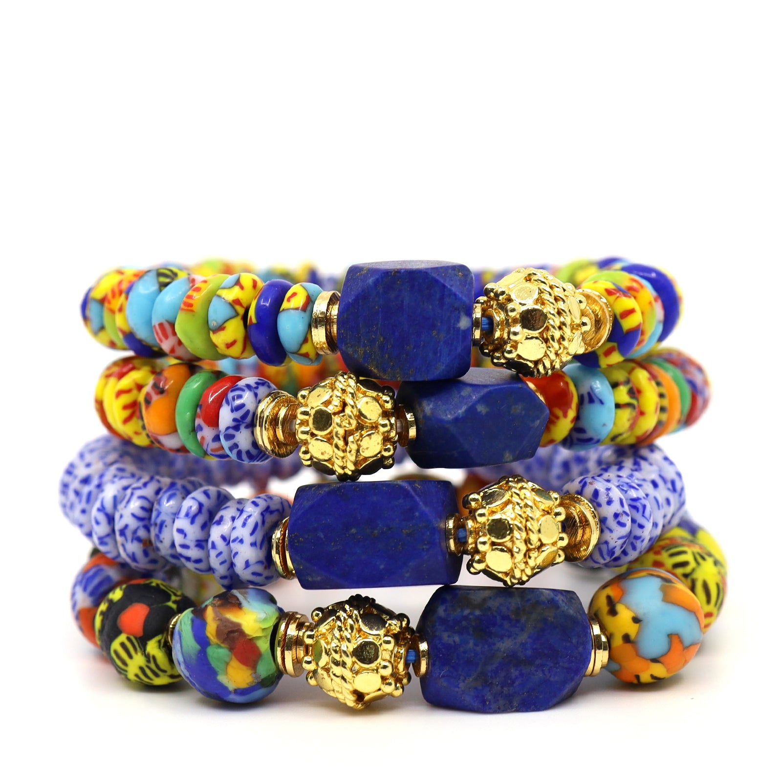 Blue & White African Glass & Bali Bracelet