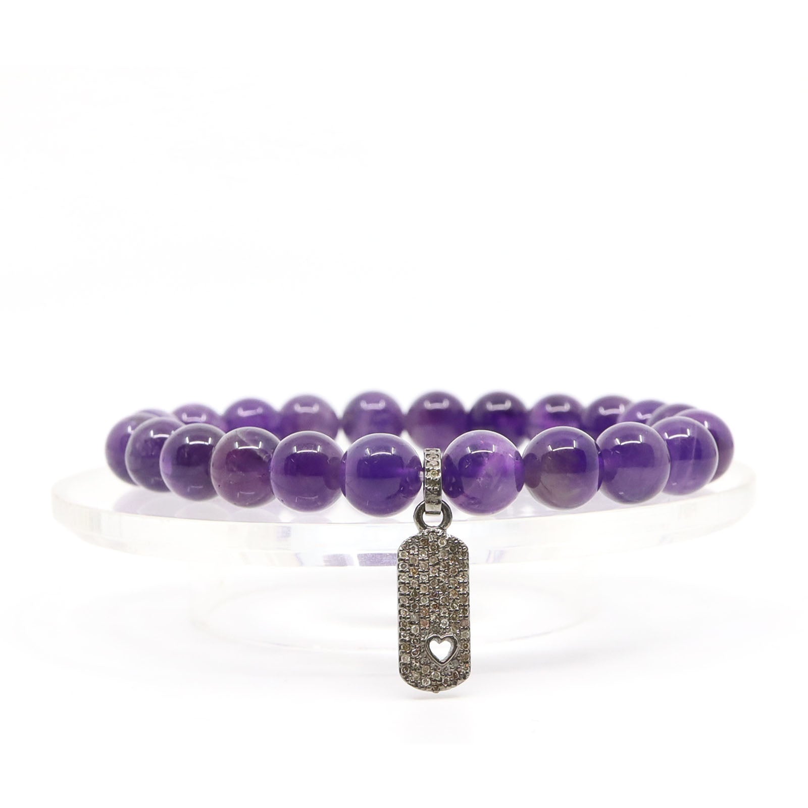 Amethyst & Diamond Tag Heart Charm Bracelet