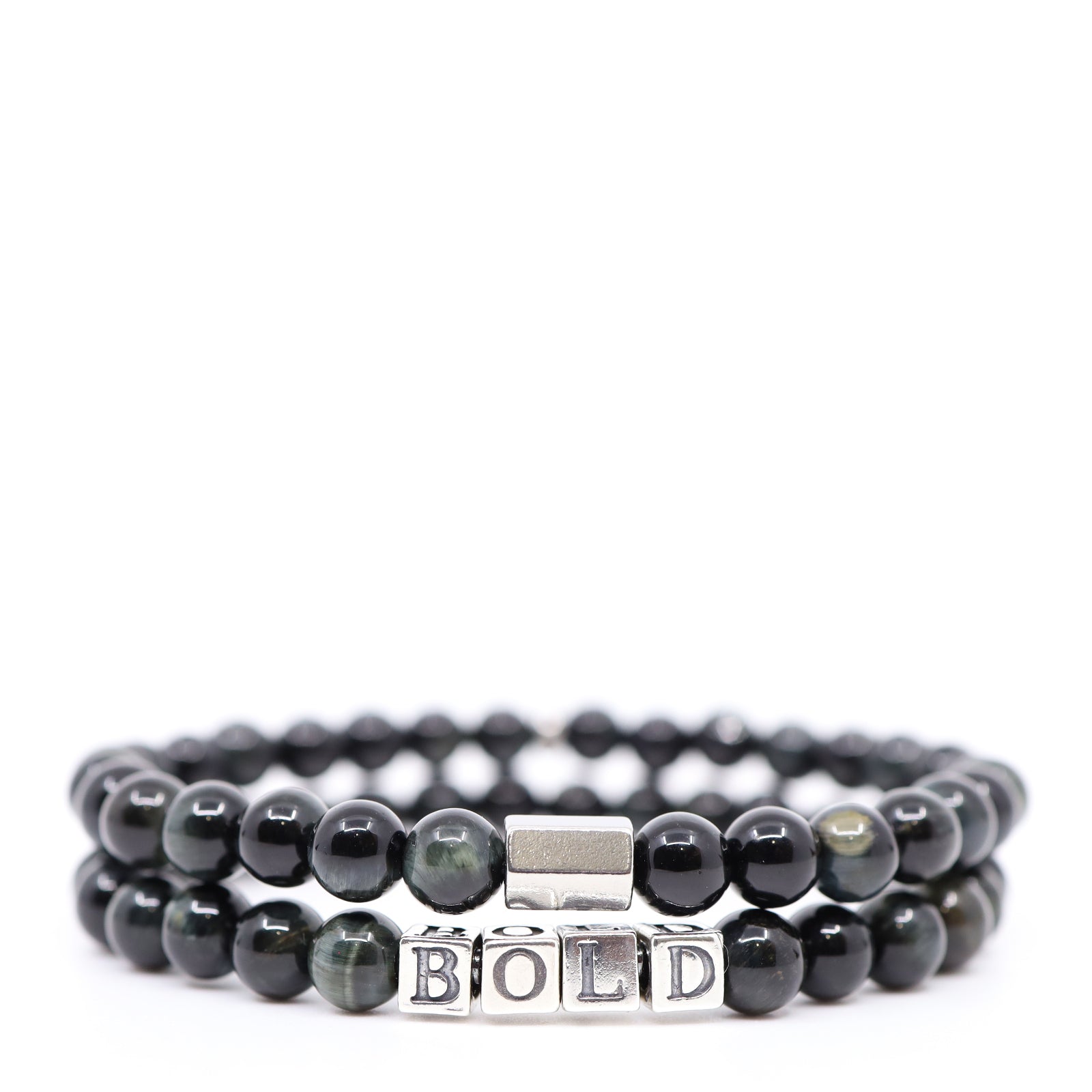 Blue & Yellow Tiger's Eye & Sterling Silver Bold Word Bracelet