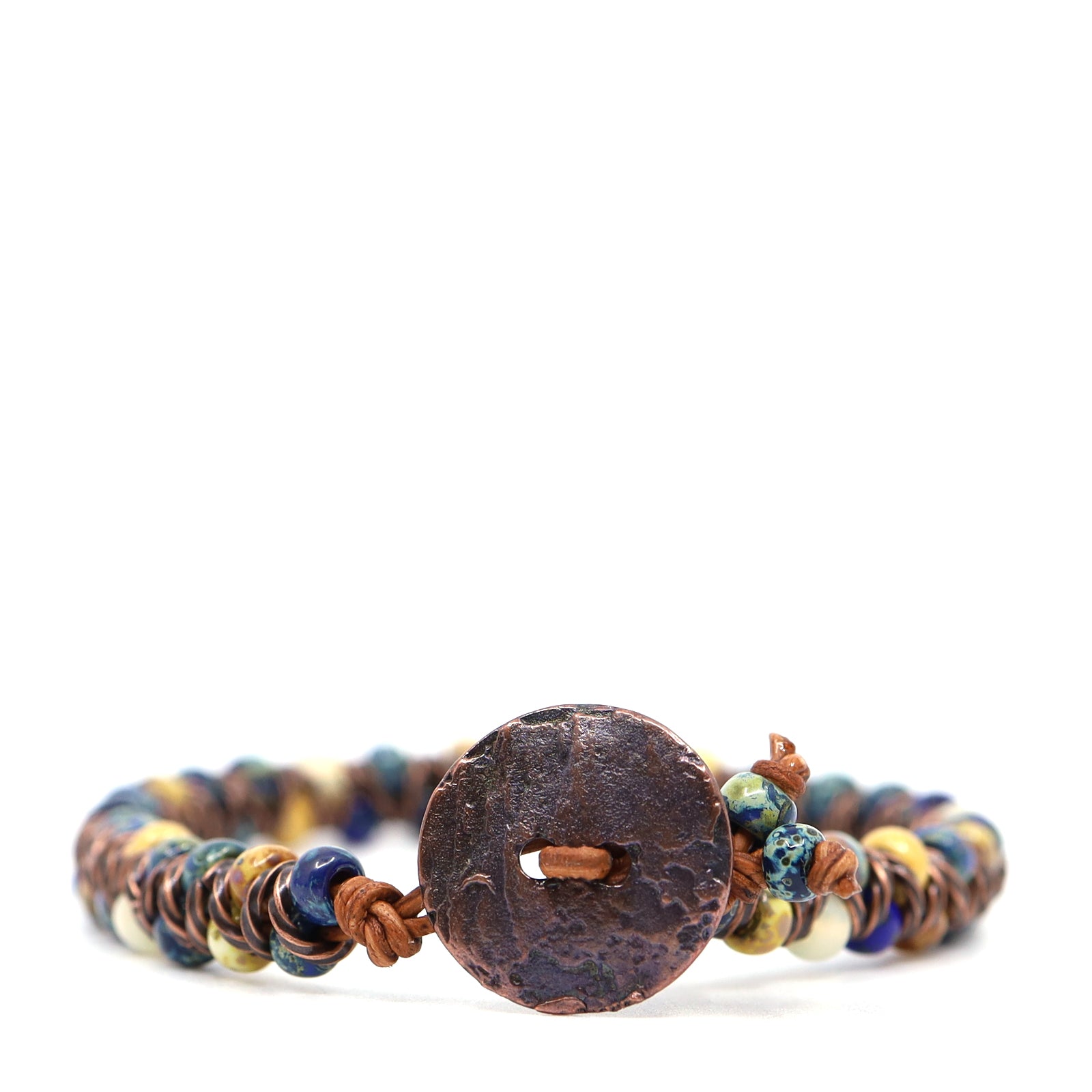Brown, Yellow & Blue Picasso & Brown Leather Bracelet