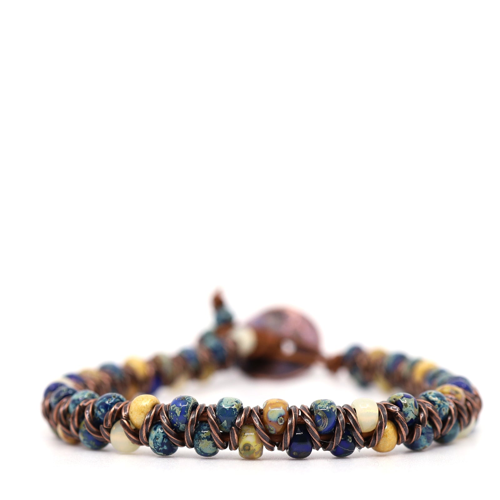 Brown, Yellow & Blue Picasso & Brown Leather Bracelet