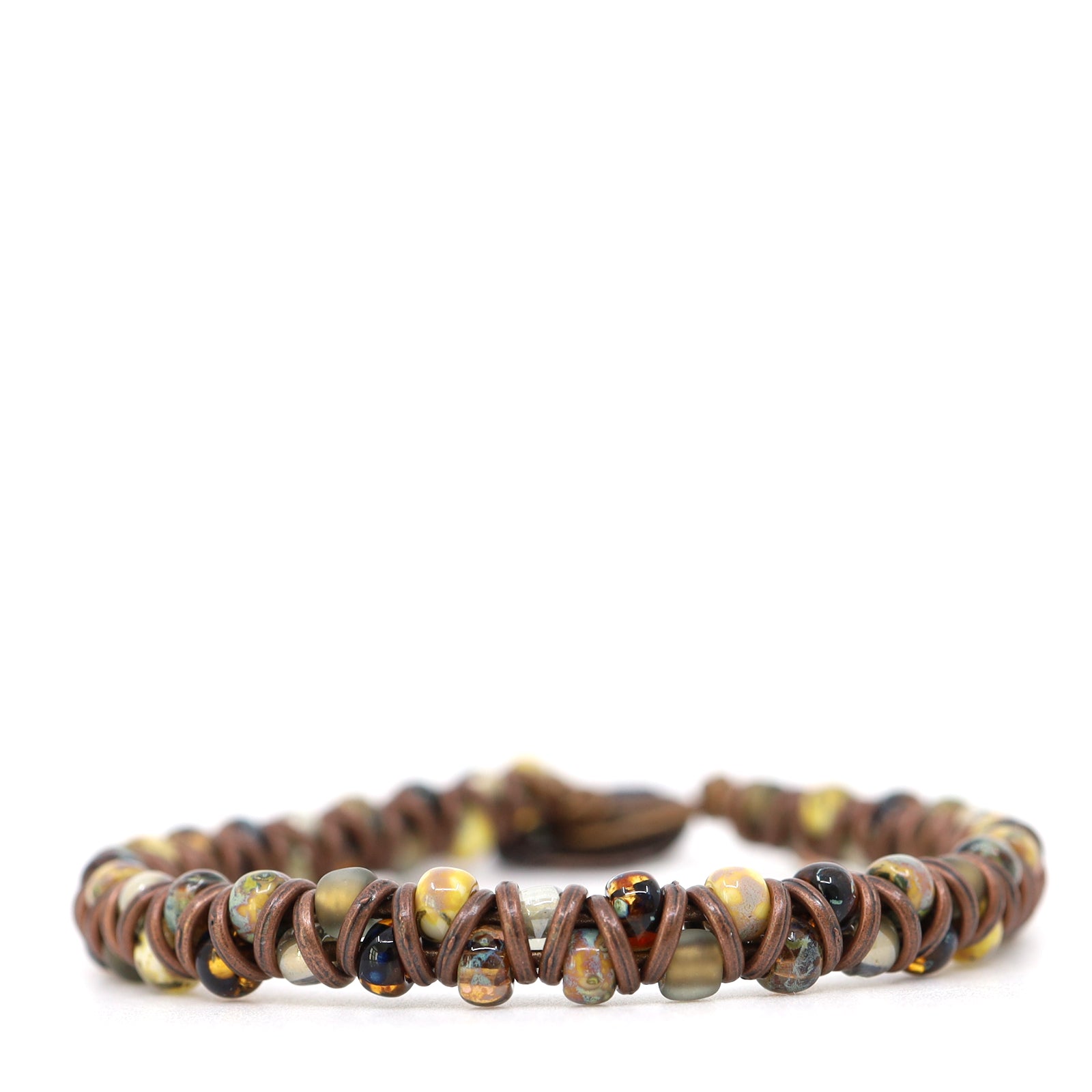 Brown, Blue & Gold Picasso & Brown Leather Bracelet