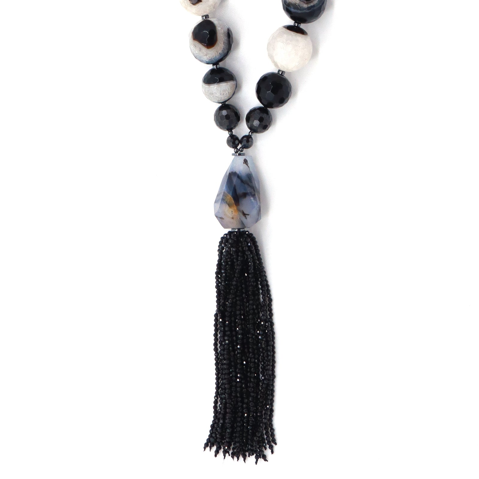 Quartz & Agate, Cubic Zirconia & Black Spinel Tassel Necklace