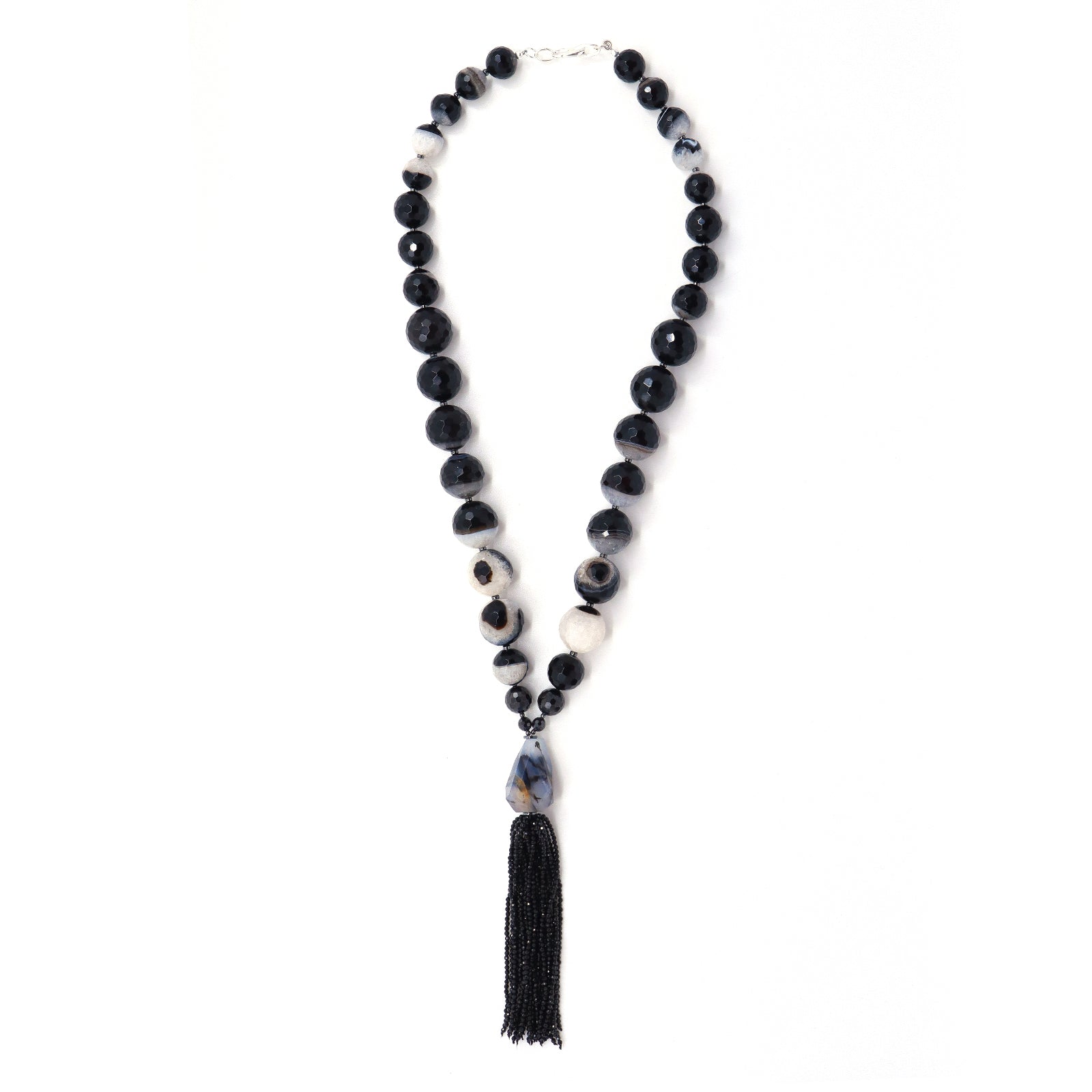 Quartz & Agate, Cubic Zirconia & Black Spinel Tassel Necklace