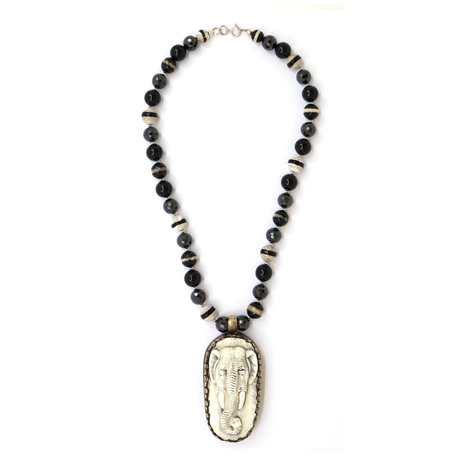 Black Onyx Elephant Bone Pendant Necklace