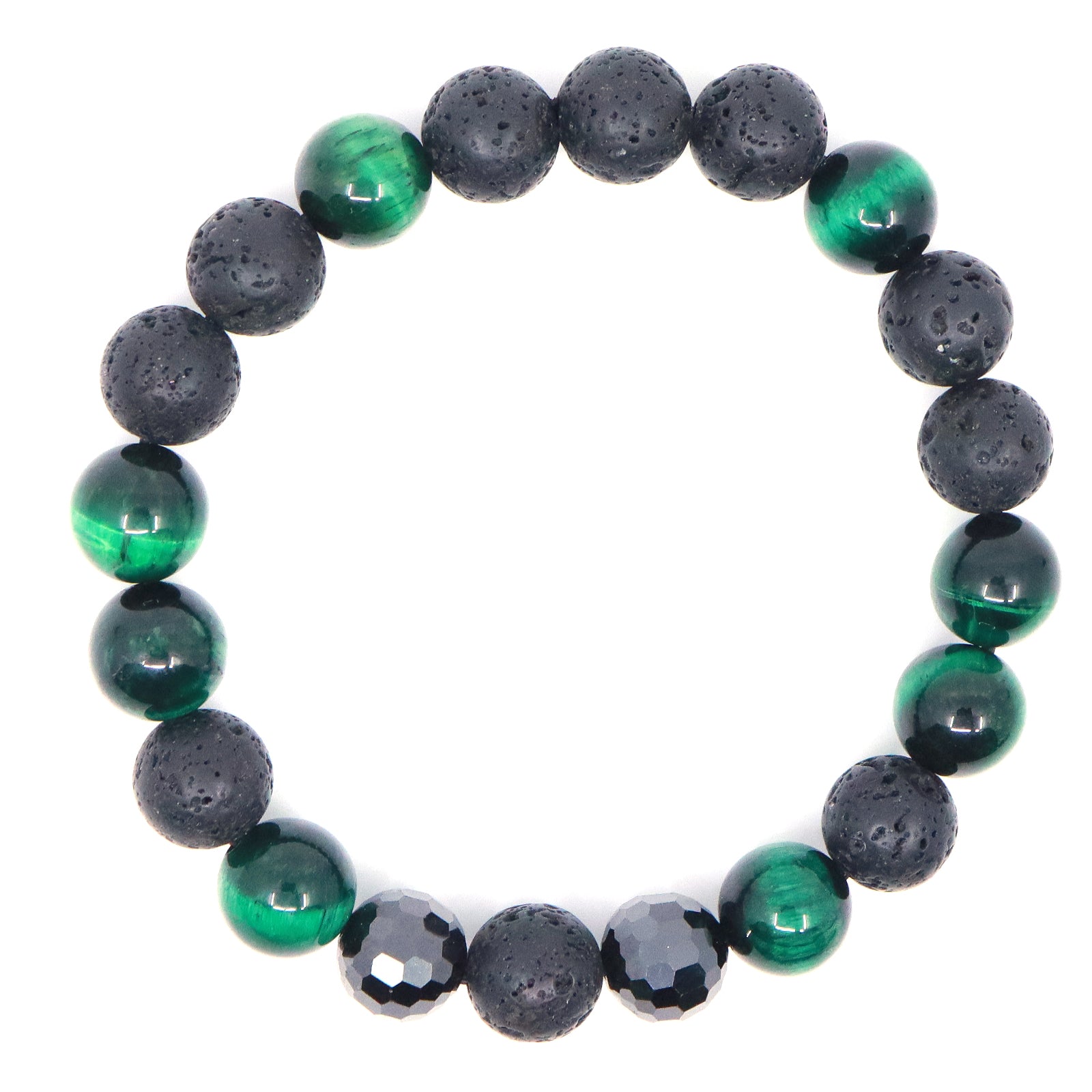 Green Tiger's Eye, Black Cubic Zirconia & Black Lava Bracelet