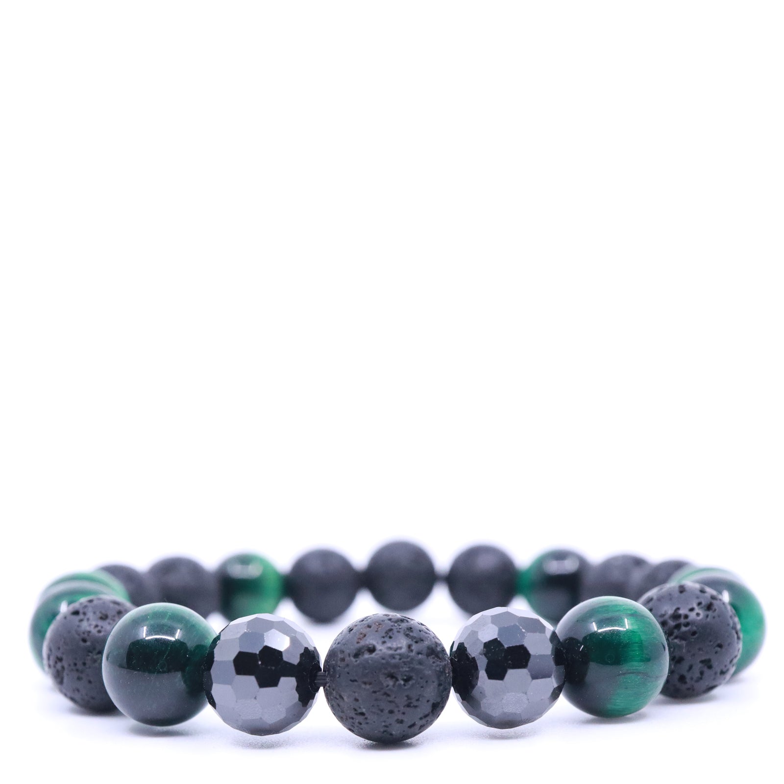 Green Tiger's Eye, Black Cubic Zirconia & Black Lava Bracelet