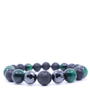 Green Tiger's Eye, Black Cubic Zirconia & Black Lava Bracelet