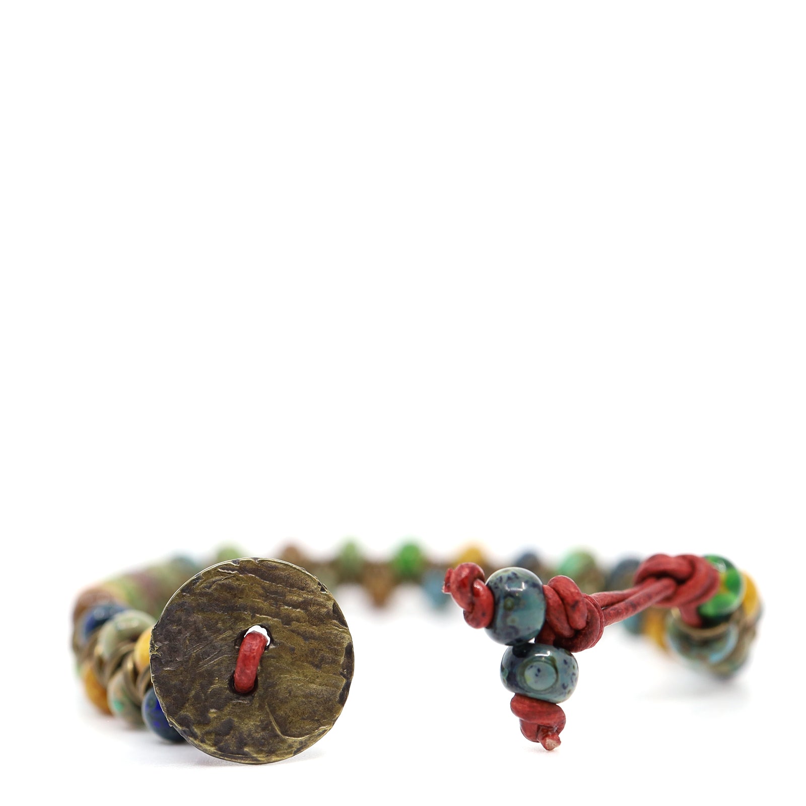 Green, Blue & Turquoise Picasso & Red Leather Bracelet