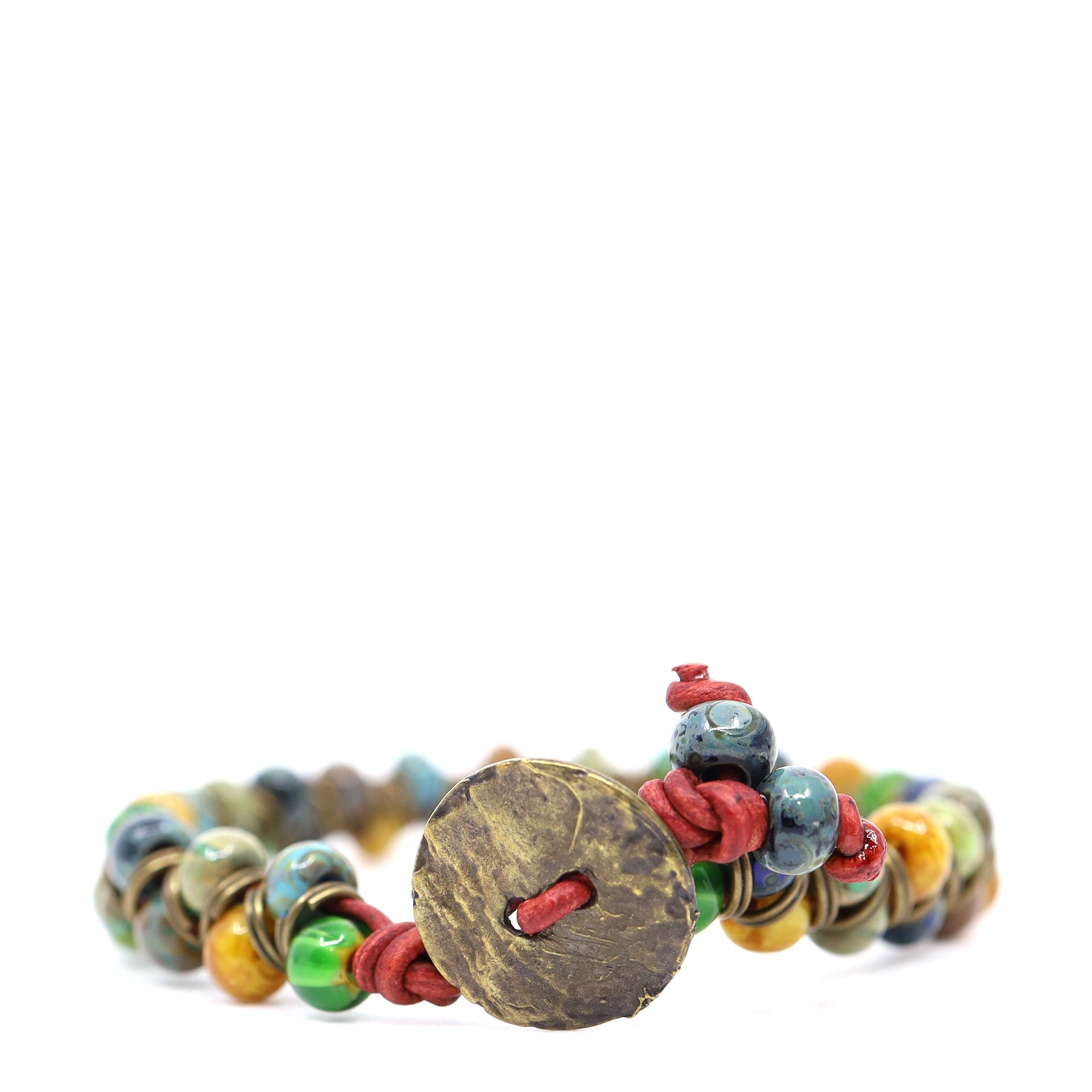 Green, Blue & Turquoise Picasso & Red Leather Bracelet