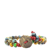 Green, Blue & Turquoise Picasso & Red Leather Bracelet