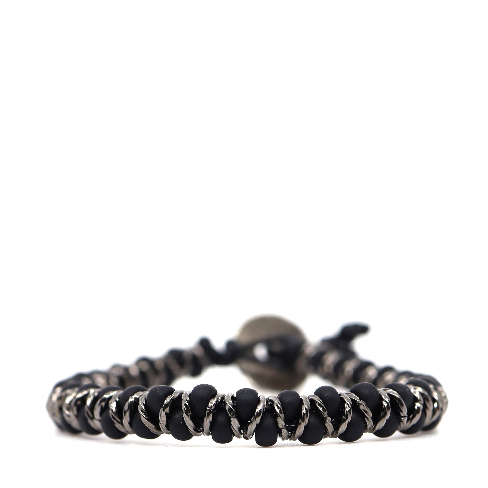 Matte Black Czech Beads & Black Leather Bracelet