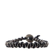 Matte Black Czech Beads & Black Leather Bracelet