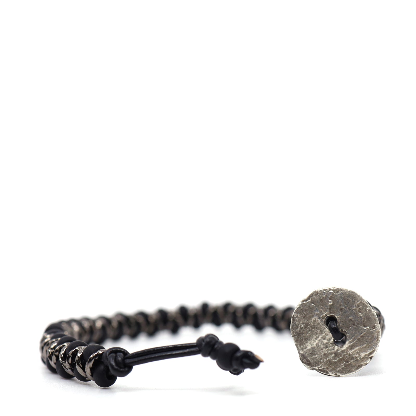 Matte Black Czech Beads & Black Leather Bracelet