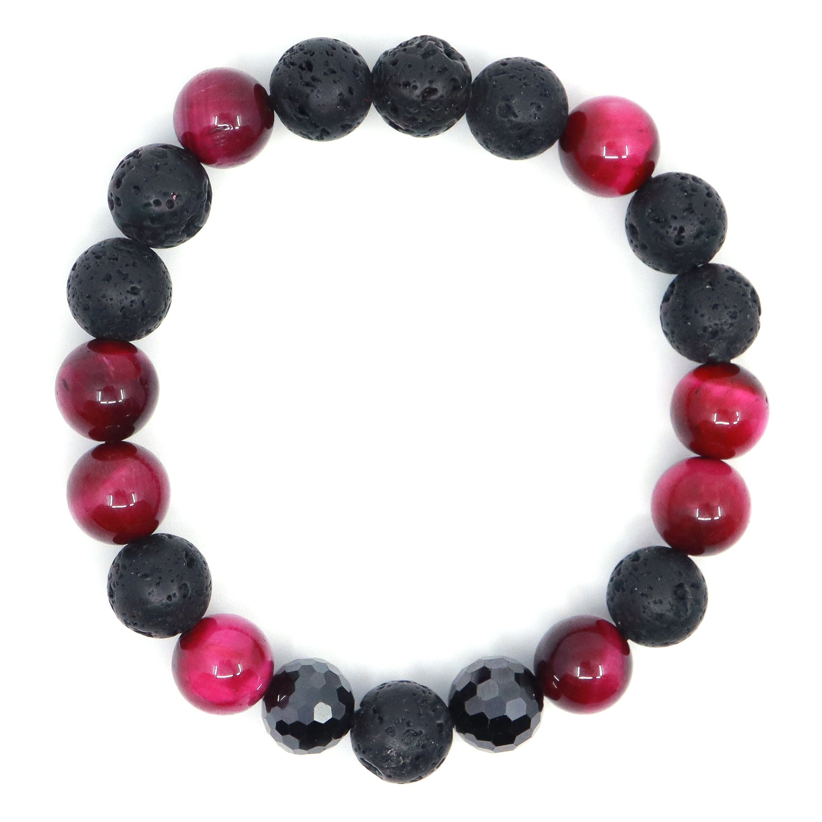 Pink Tiger's Eye, Black Cubic Zirconia & Black Lava Bracelet