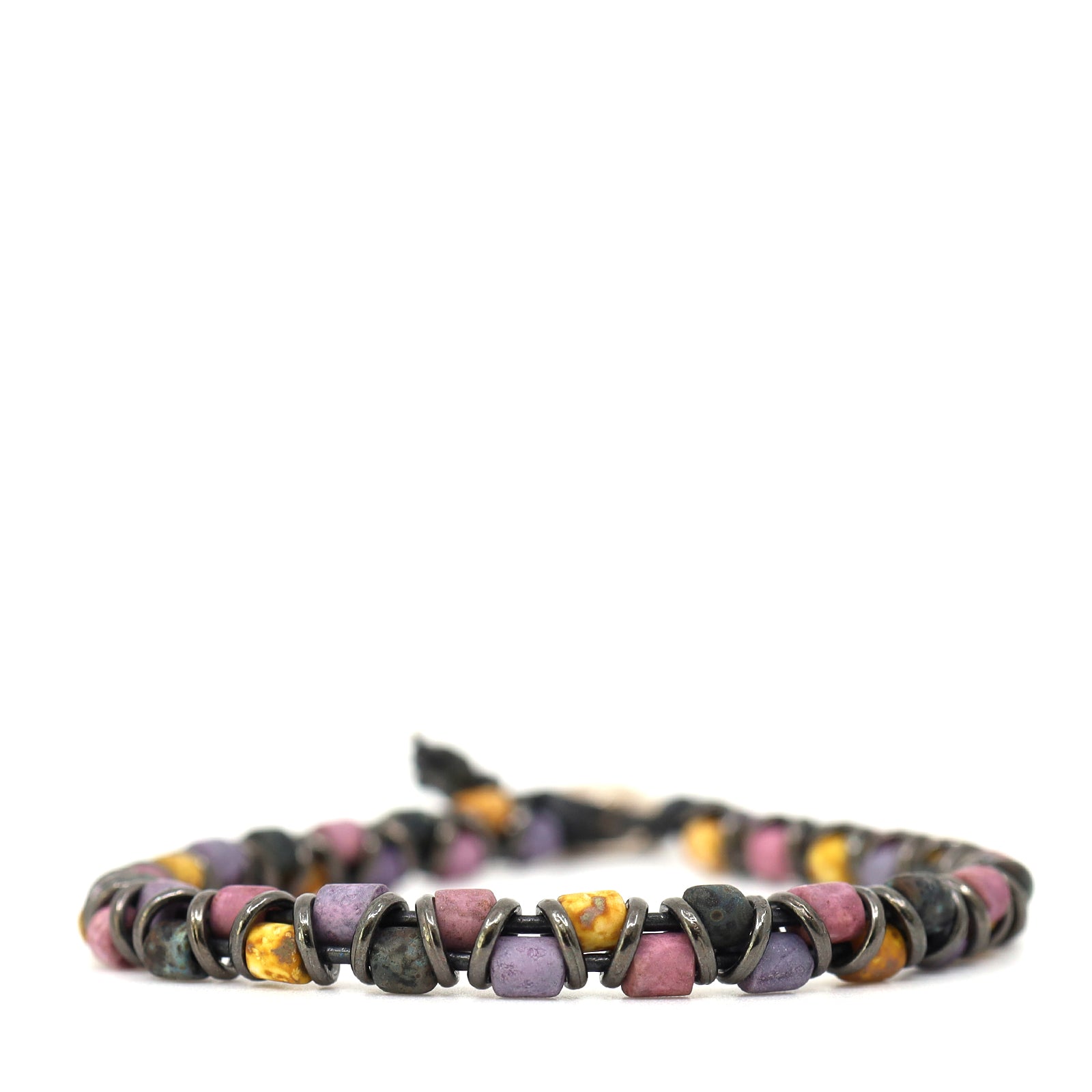Purple, Yellow & Black Picasso & Black Leather Bracelet