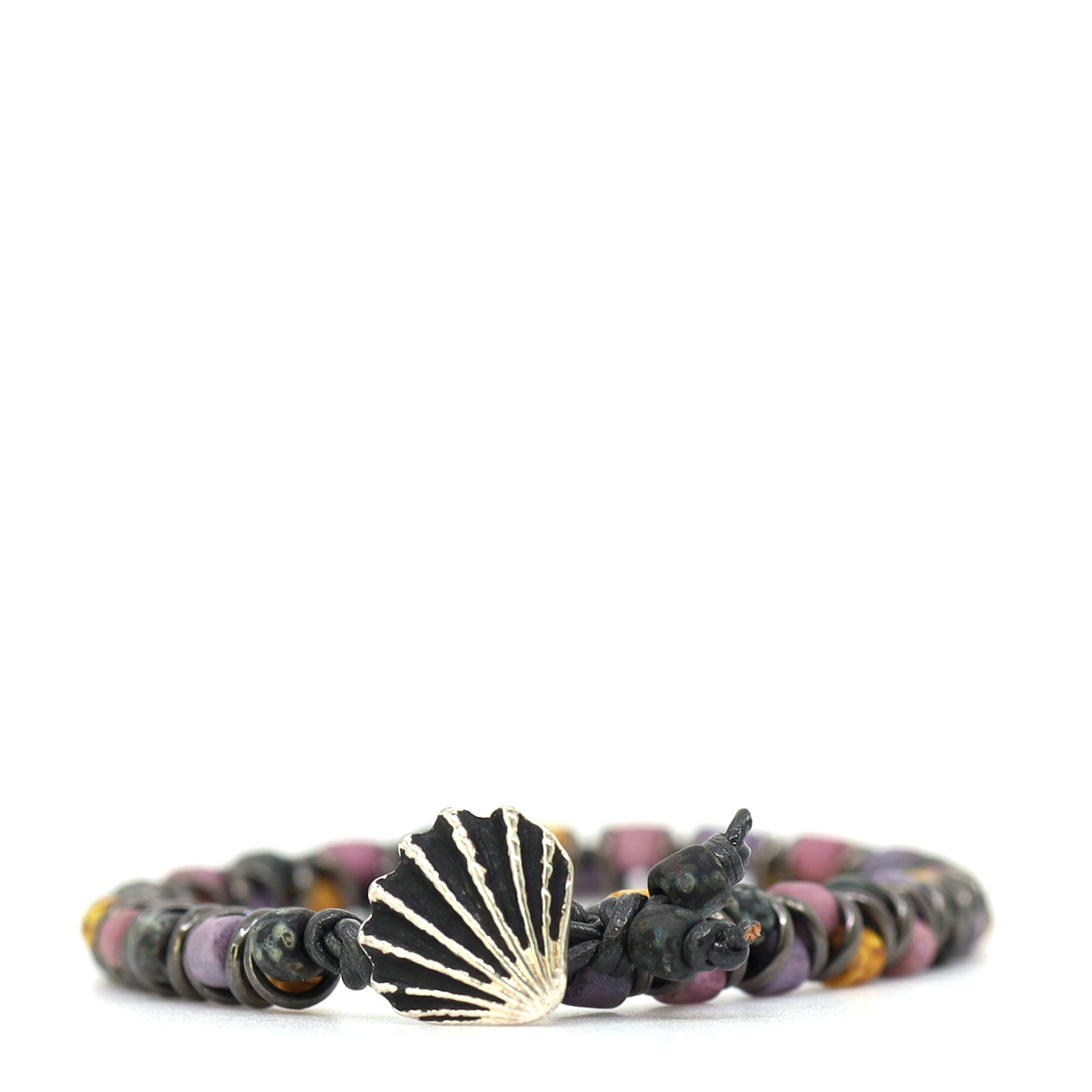 Purple, Yellow & Black Picasso & Black Leather Bracelet