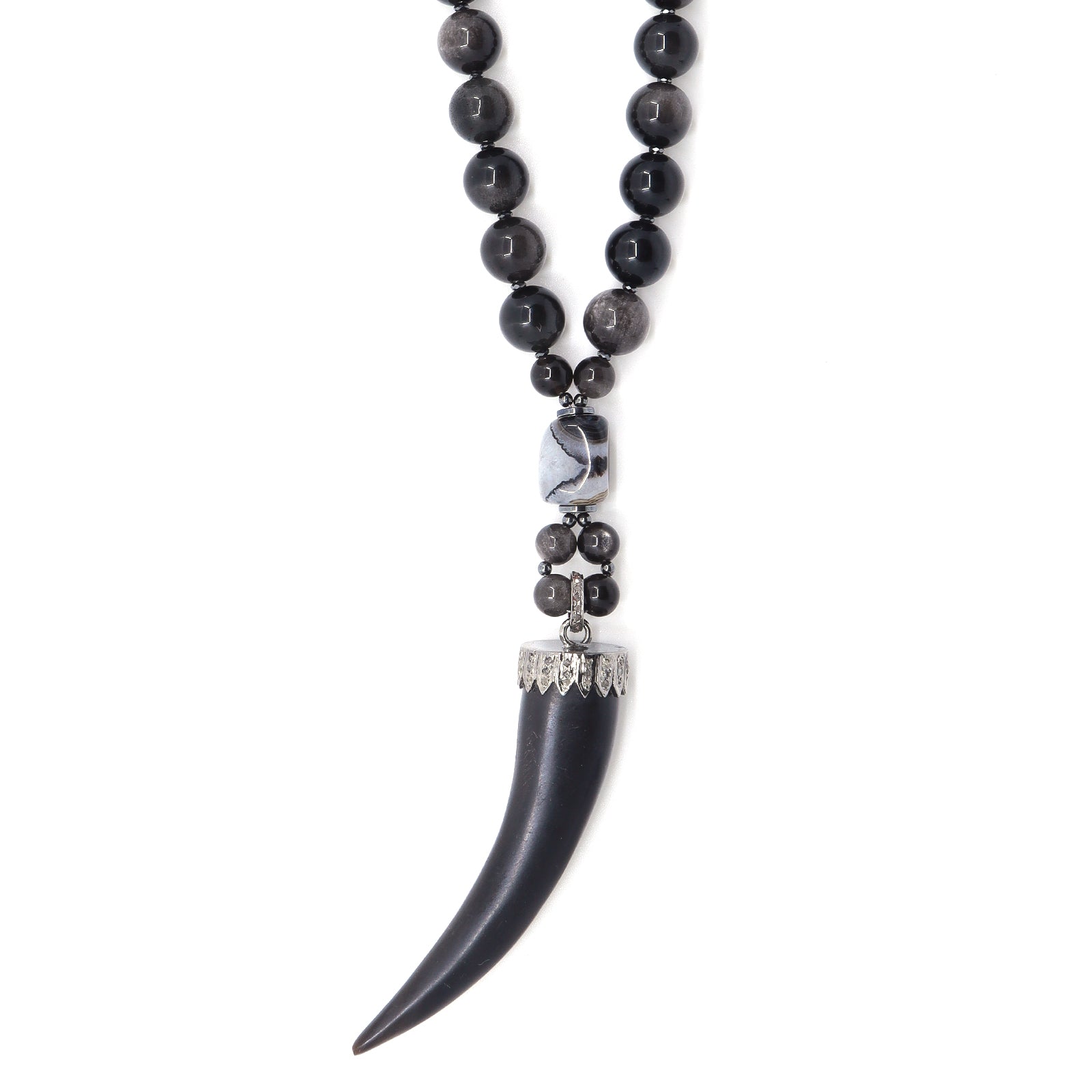 Silver Obsidian & Black Horn Pendant Necklace