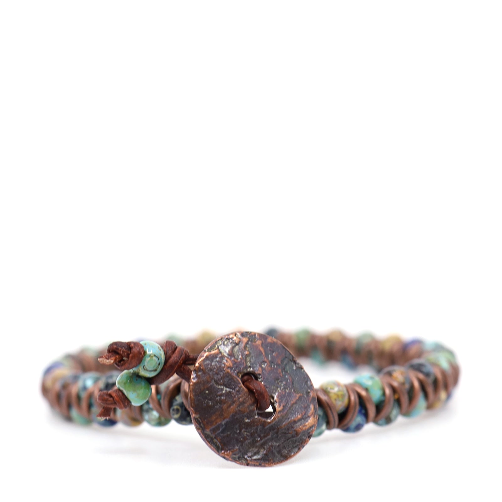 Blue, Yellow & Turquoise Picasso & Brown Leather Bracelet