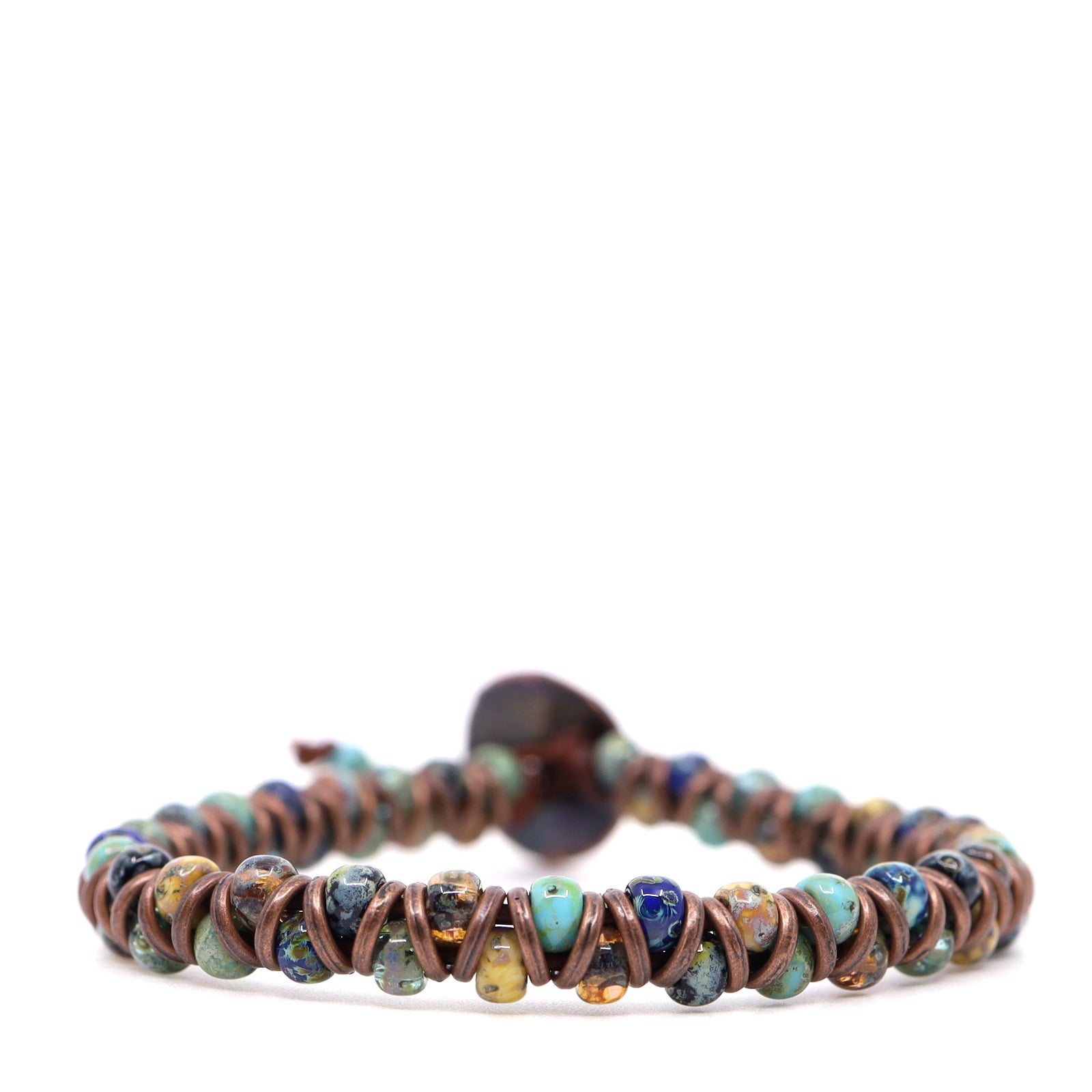 Blue, Yellow & Turquoise Picasso & Brown Leather Bracelet