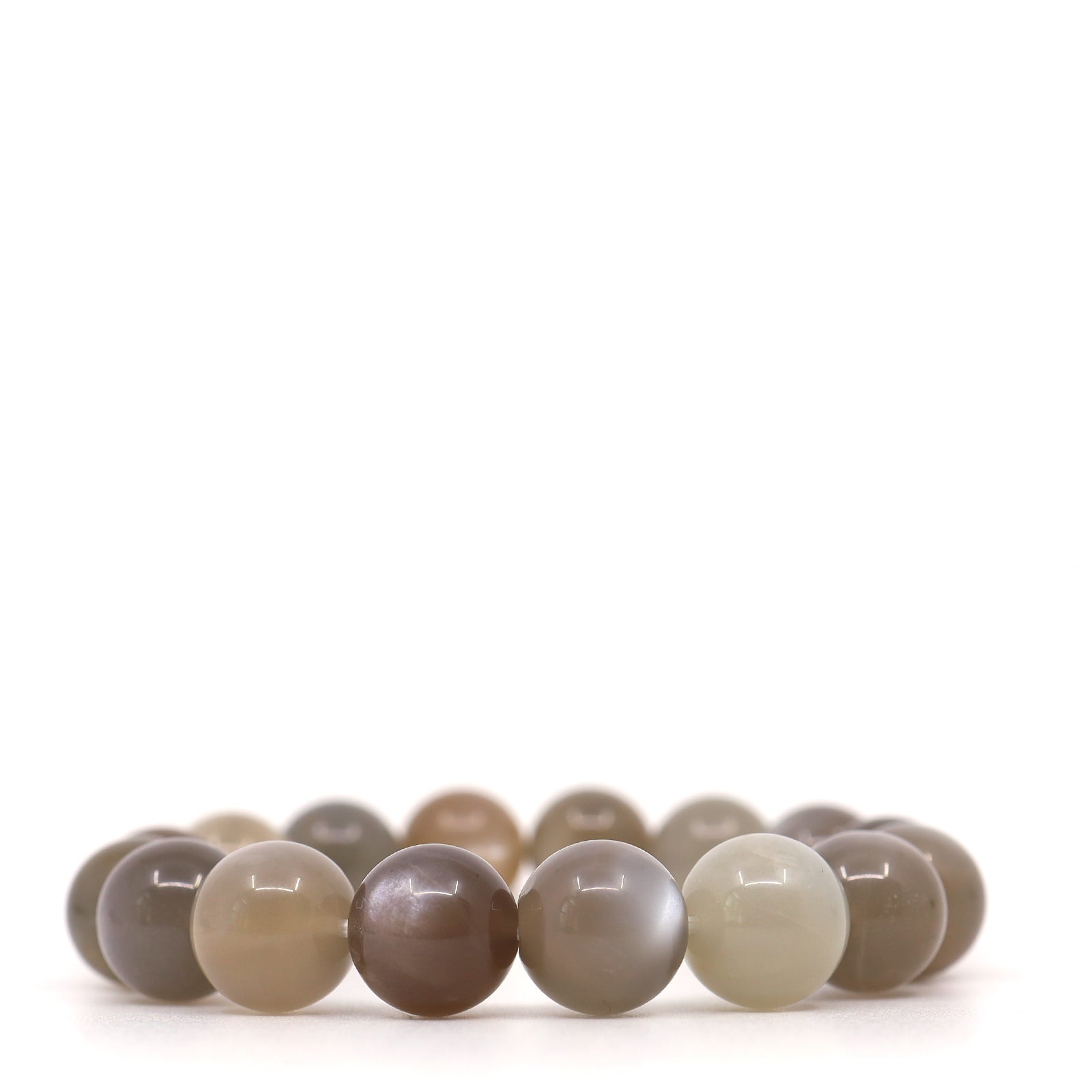 Chocolate moonstone bracelet shown from the front, with polished round beads in grey, taupe and cream.