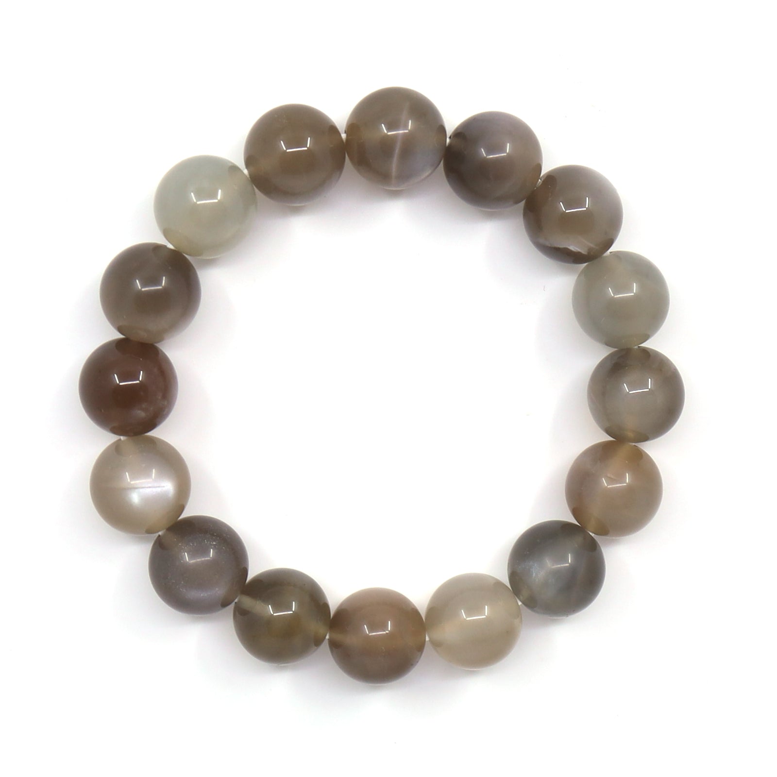 Overhead view of the chocolate moonstone bracelet, showing natural bands and colour variations in the round beads.