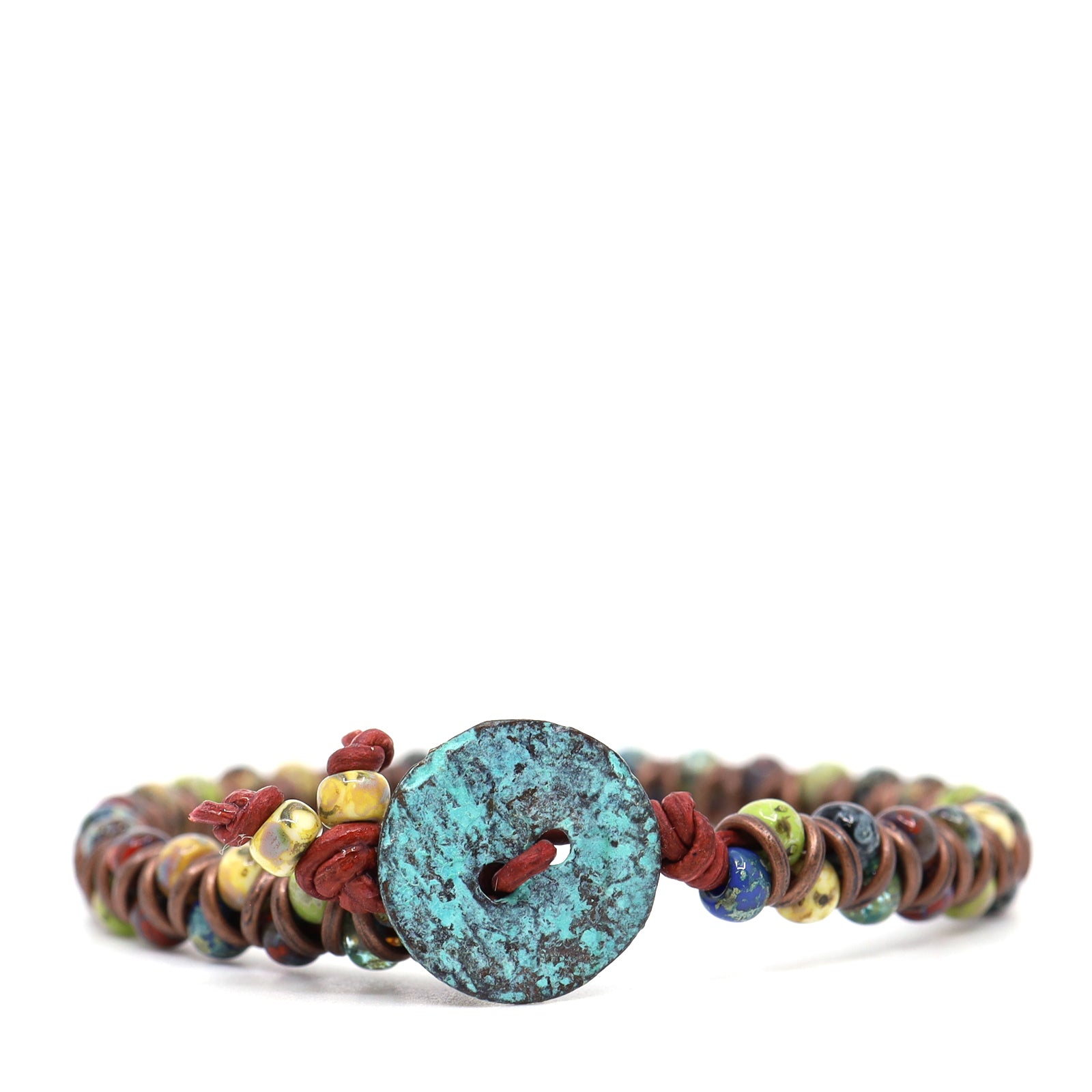 Green, Blue & Yellow Picasso Czech Beads & Red Leather Bracelet