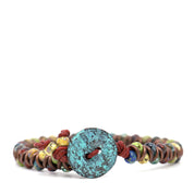Green, Blue & Yellow Picasso Czech Beads & Red Leather Bracelet