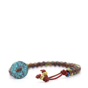 Green, Blue & Yellow Picasso Czech Beads & Red Leather Bracelet