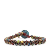 Green, Blue & Yellow Picasso Czech Beads & Red Leather Bracelet