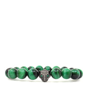Green tiger's eye bead bracelet with a black jaguar head, clear decorative stones and green cubic zirconia eyes, front view.