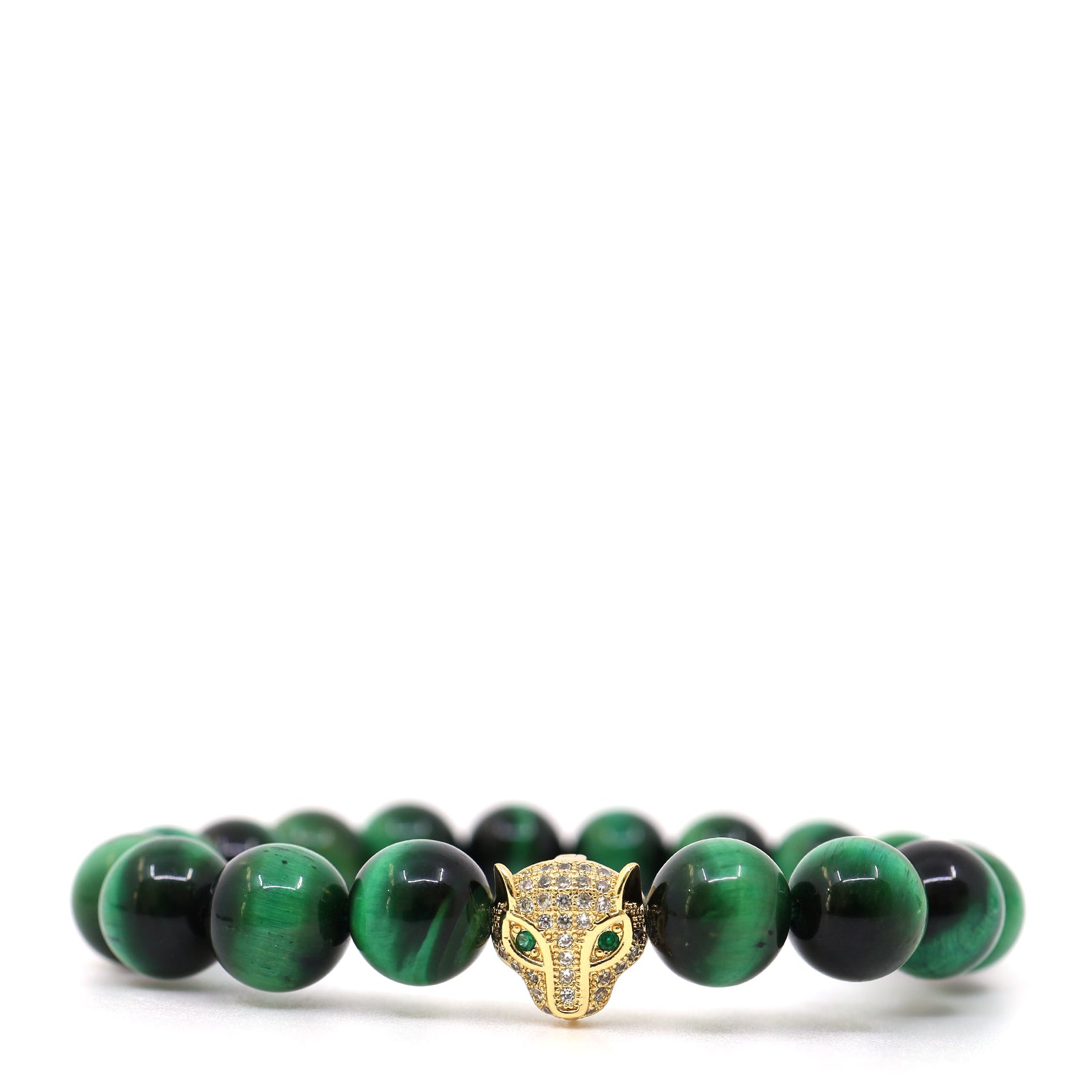 Green tiger's eye bead bracelet with a gold-plated jaguar head and green cubic zirconia eyes, front view.