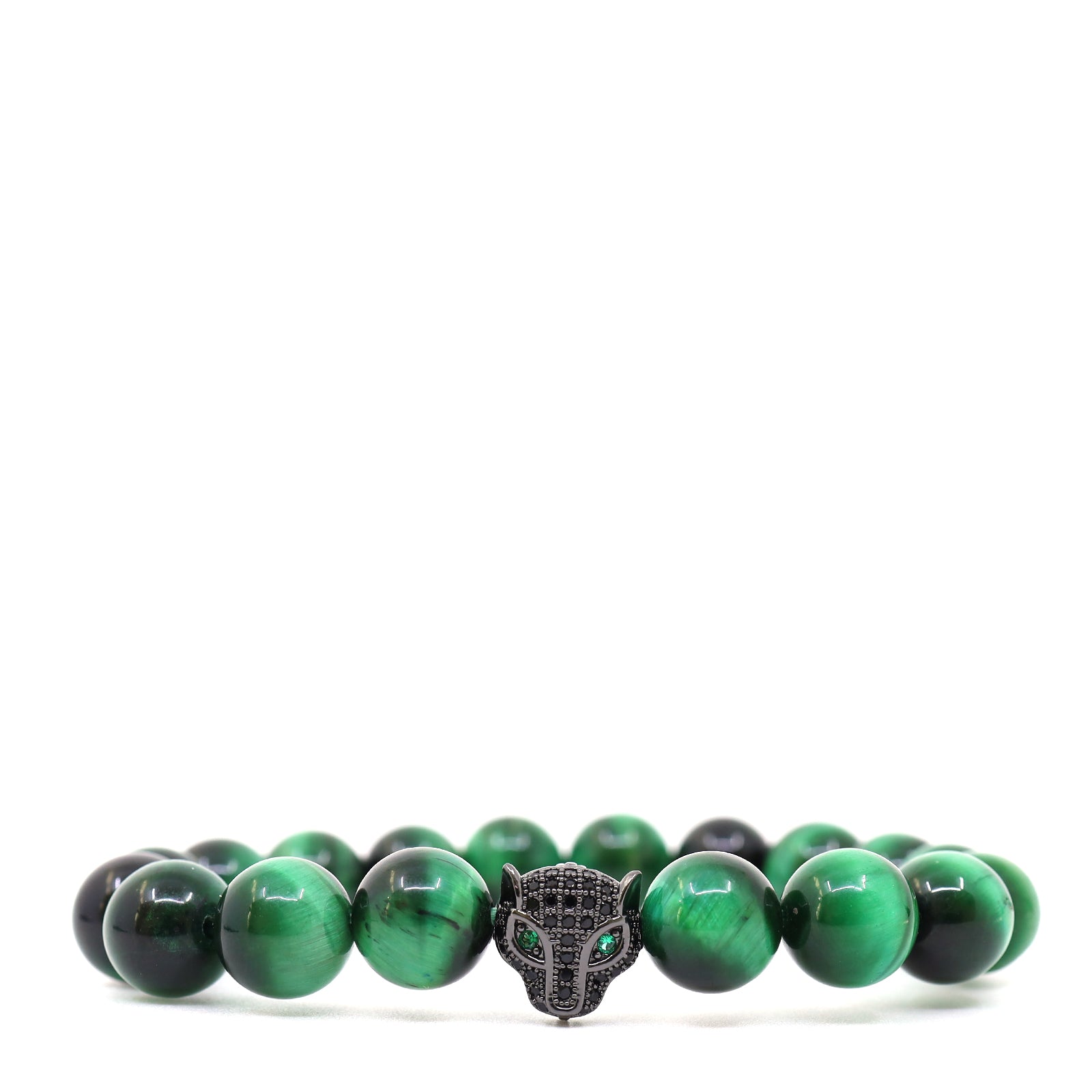 Green tiger's eye bead bracelet with a black jaguar head, clear decorative stones and green cubic zirconia eyes, front view.