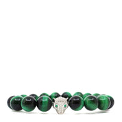 Green tiger's eye bead bracelet with a gold-toned jaguar head and green eyes, front view.