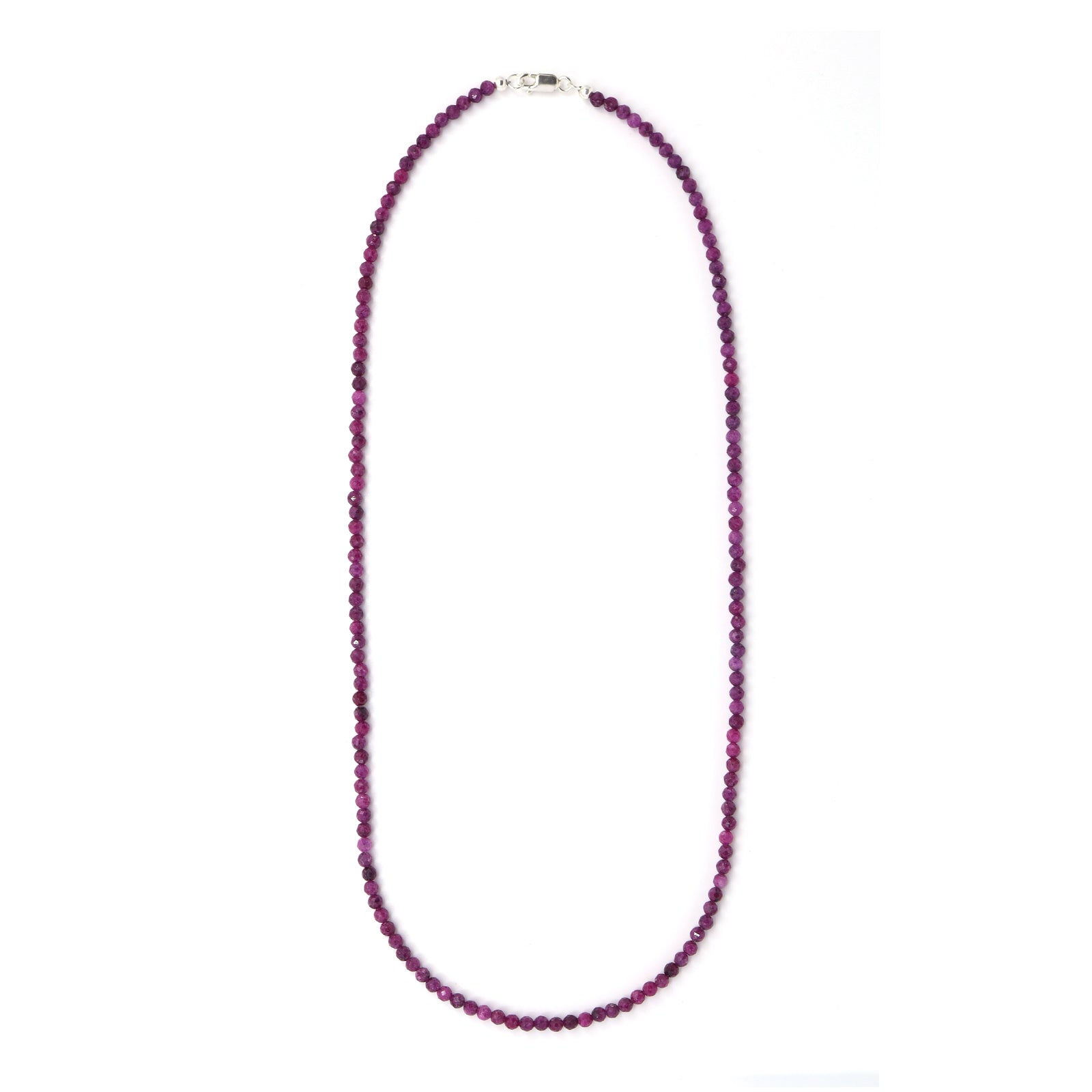 Natural ruby bead necklace with tiny faceted pink-red gemstones and a sterling silver clasp.