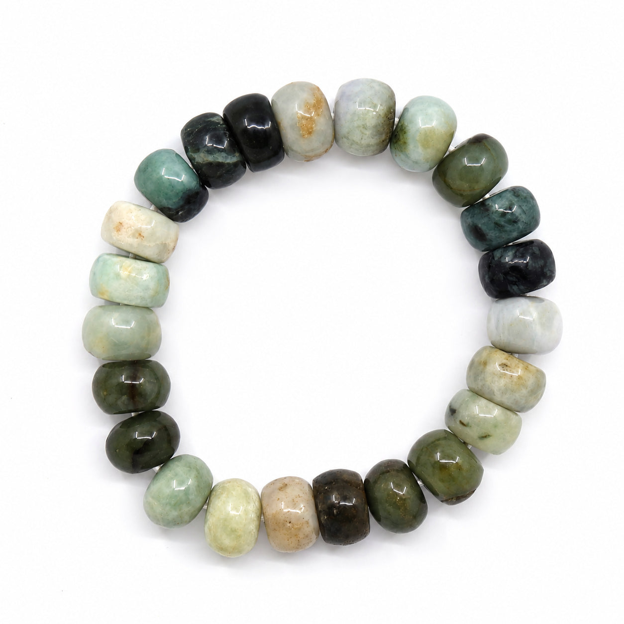 12mm Myanmar Burma jade stretch bracelet with polished rounded beads in varied green, cream and brown tones
