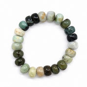 12mm Myanmar Burma jade stretch bracelet with polished rounded beads in varied green, cream and brown tones