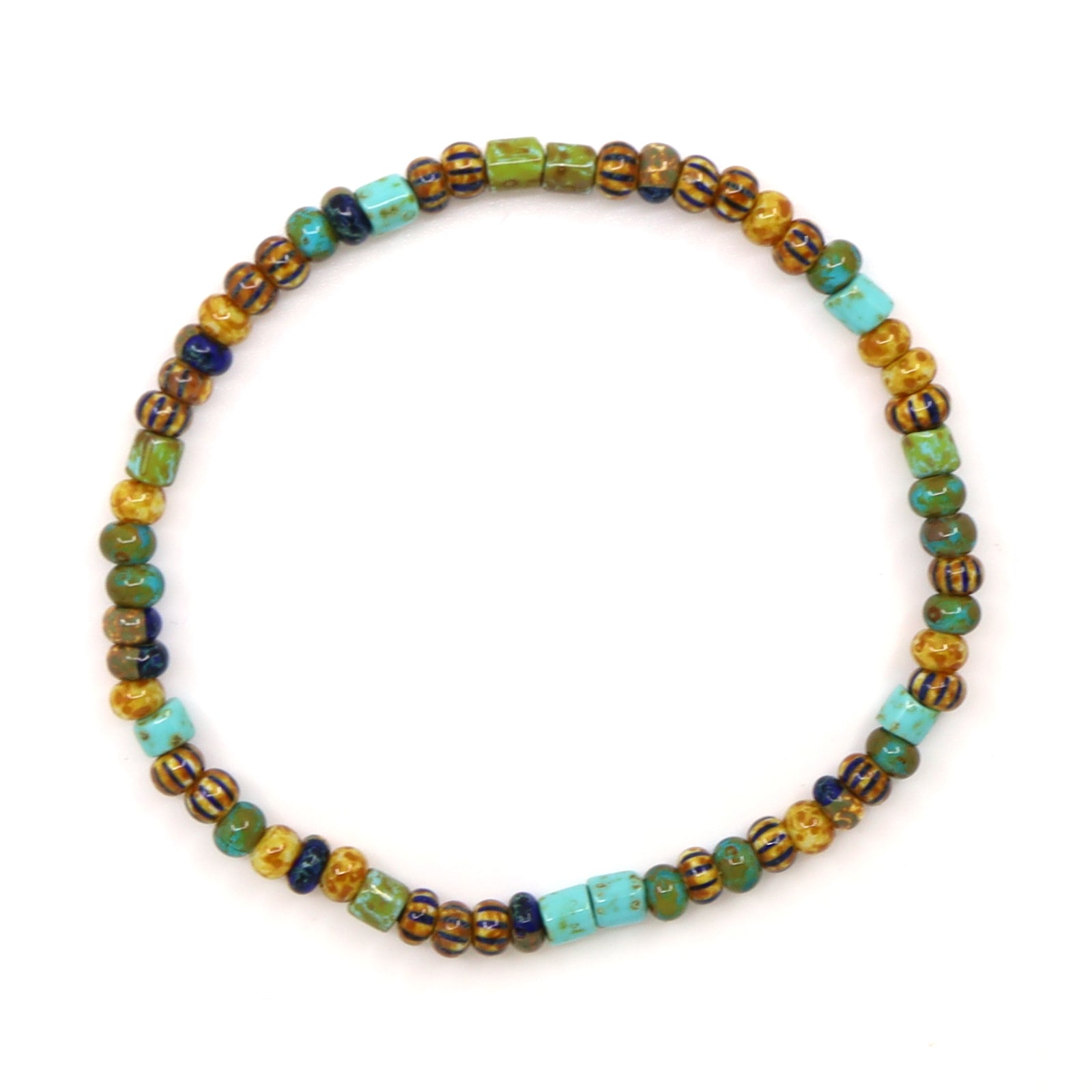 Turquoise, Blue Stripped & Brown Czech Picasso Bracelet
